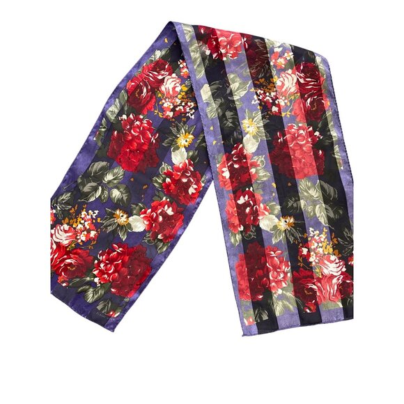 Elaine Gold Vintage Floral Striped Silk Scarf 11x52 Inches Red & Purple Headwear - Picture 1 of 5